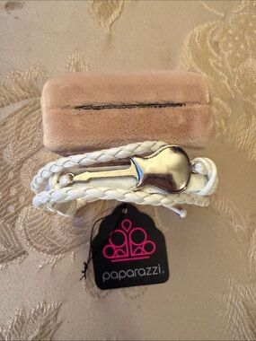 paparazzi White Braided Faux-Leather Wrap Bracelet with Silver Guitar Charm